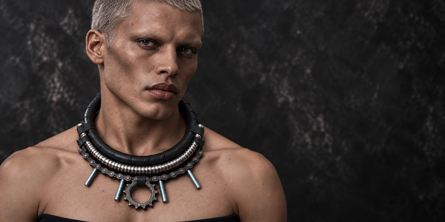 ROTOR — industrial metal and wrapped black material against the collarbones of a short silver-haired model