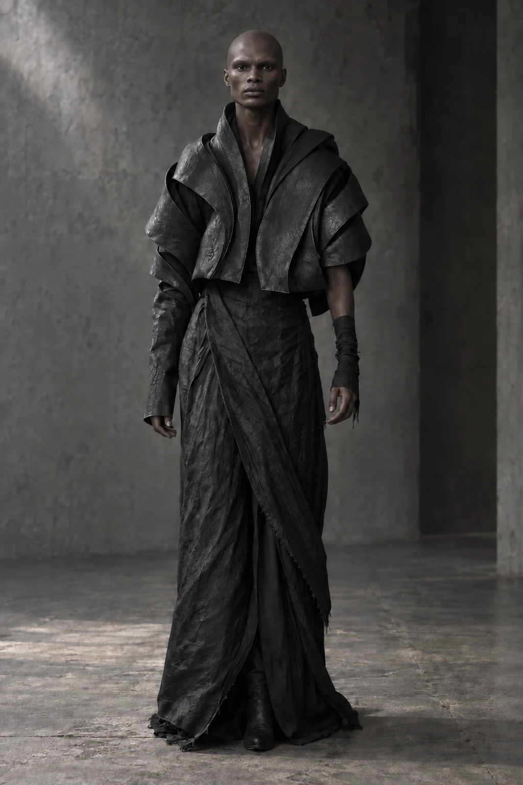 AZ-02 FORM #0002 [CARAPACE] — Layered jacket / wrap skirt, full-length look