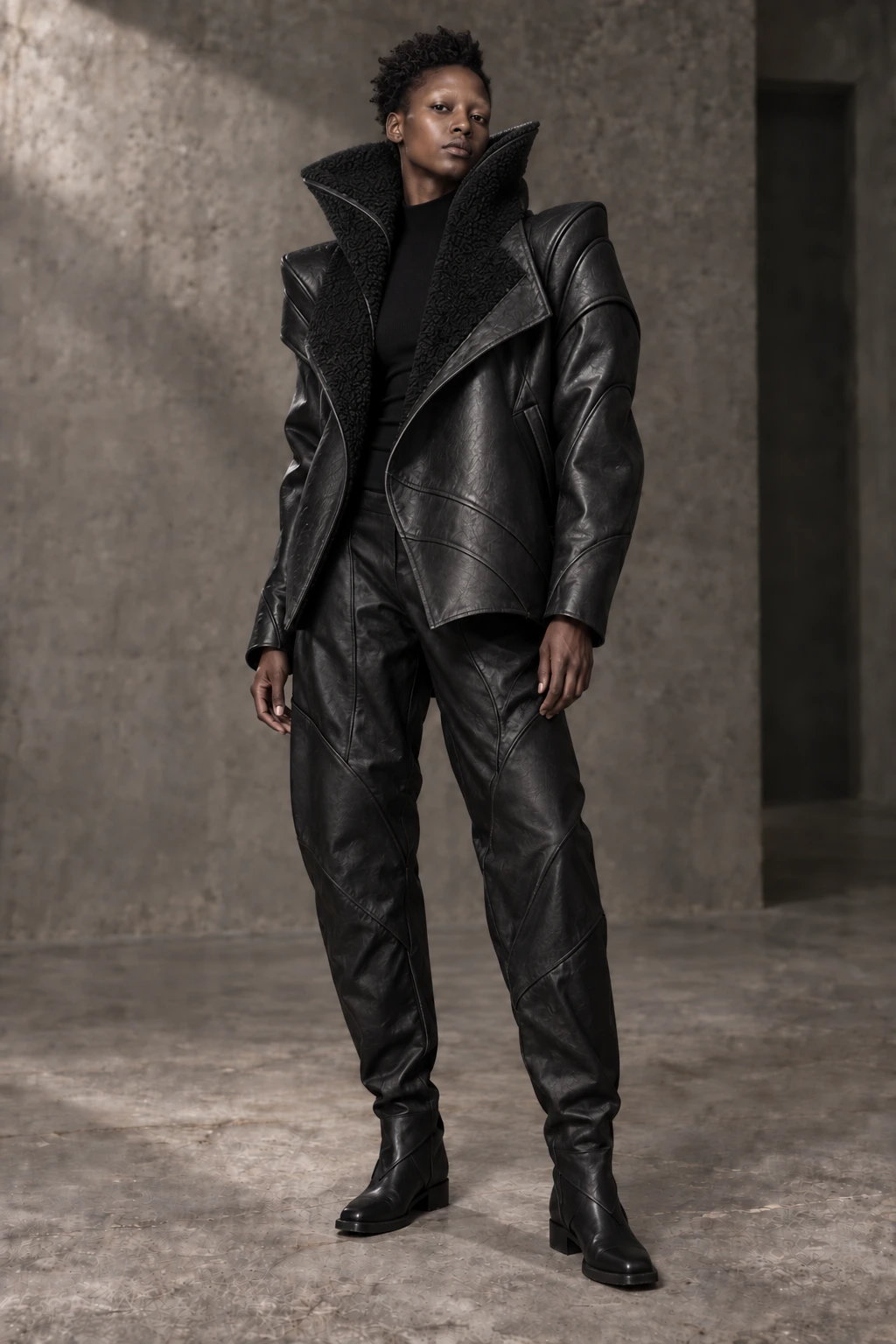 AZ-17 JACKET #0017 [RAMPART] — Raised-collar leather jacket, full-length look