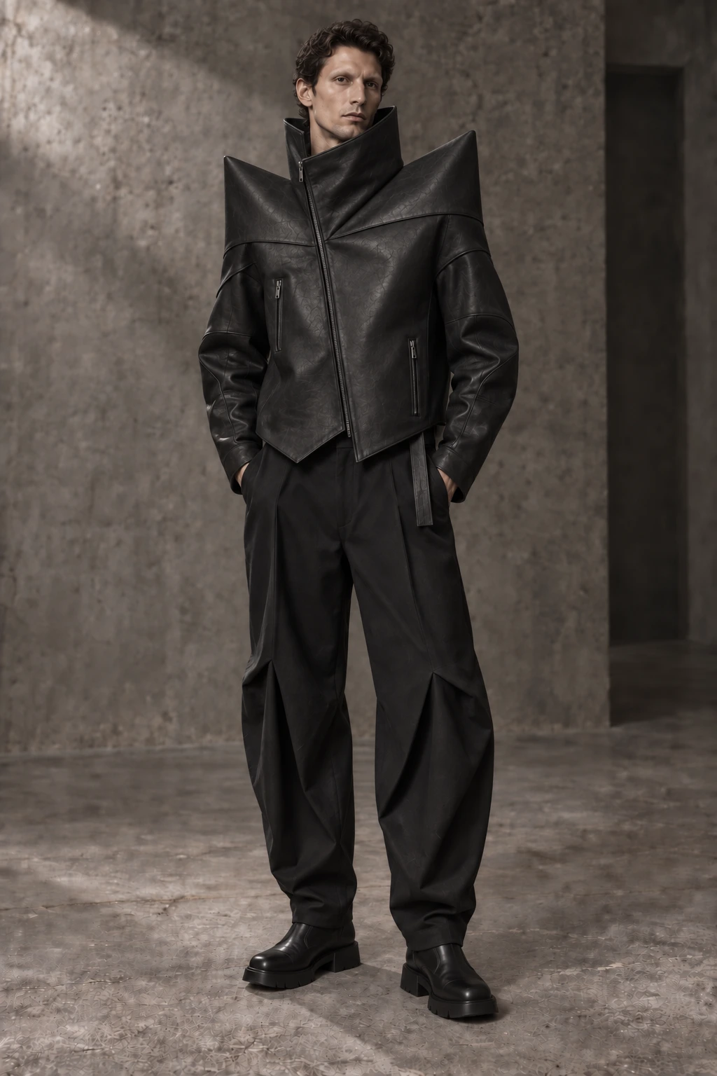 AZ-18 JACKET #0018 [FISSURE] — Split-collar sculptural jacket, full-length look