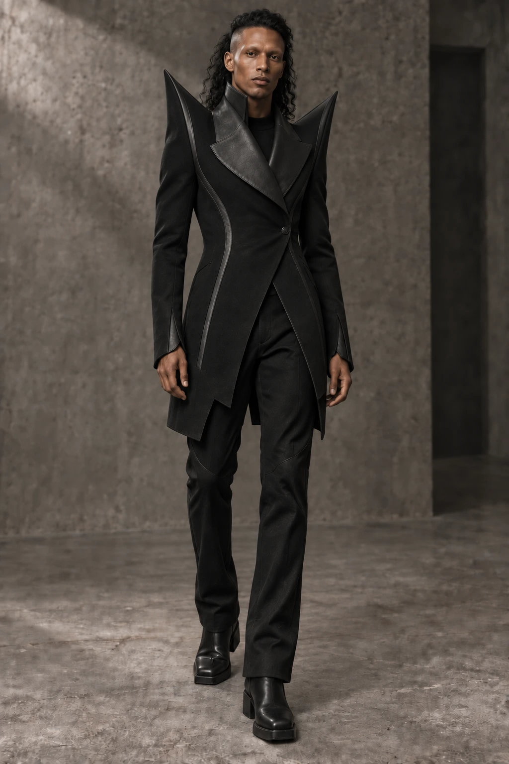 AZ-20 JACKET #0020 [OBLIQUE] — Ascending-shoulder long jacket, full-length look
