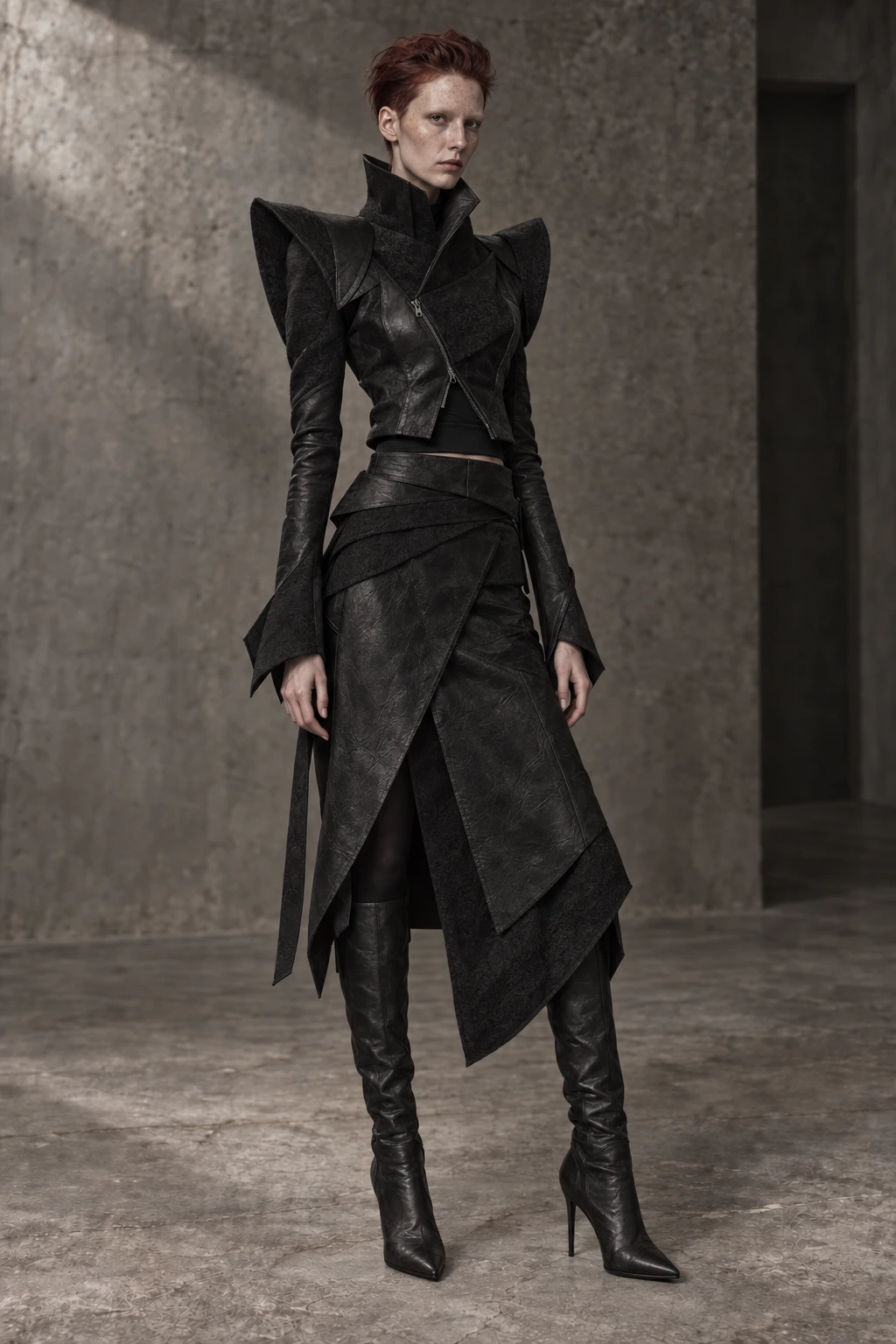 AZ-23 FORM #0023 [CHASM] — Raised-shoulder jacket / wrap skirt, full-length look