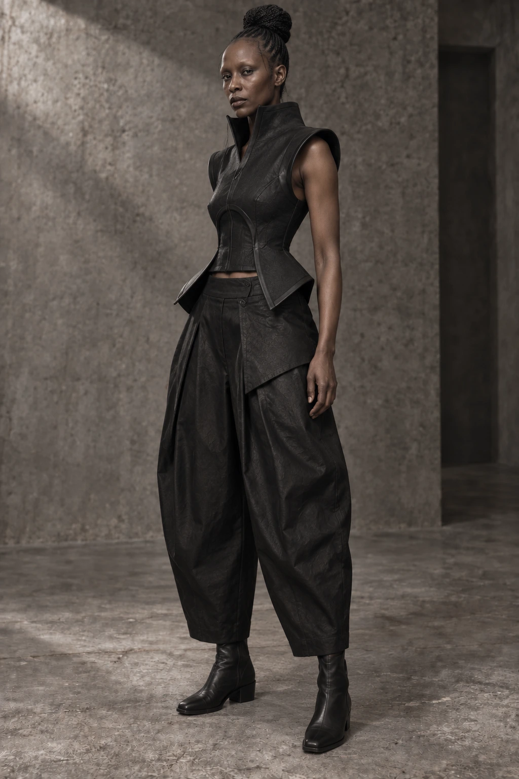 AZ-25 FORM #0025 [CUSP] — Sculptural peplum top / barrel trousers, full-length look