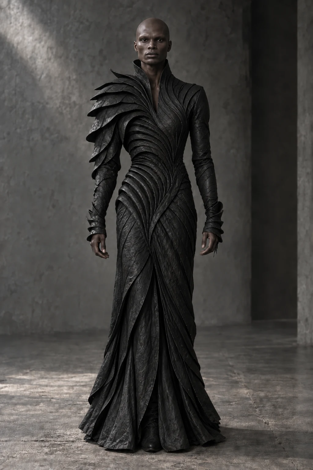 AZ-05 DRESS #0005 [EXODERM] — Ribbed column gown, full-length look