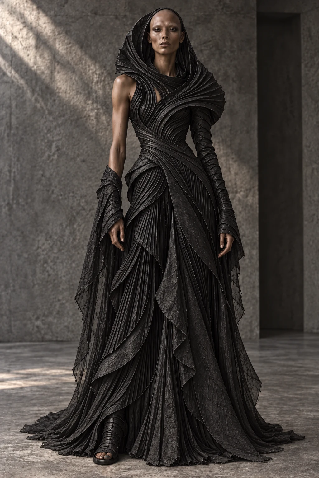 AZ-06 DRESS #0006 [CINERIS] — Sculptural hooded gown, full-length look