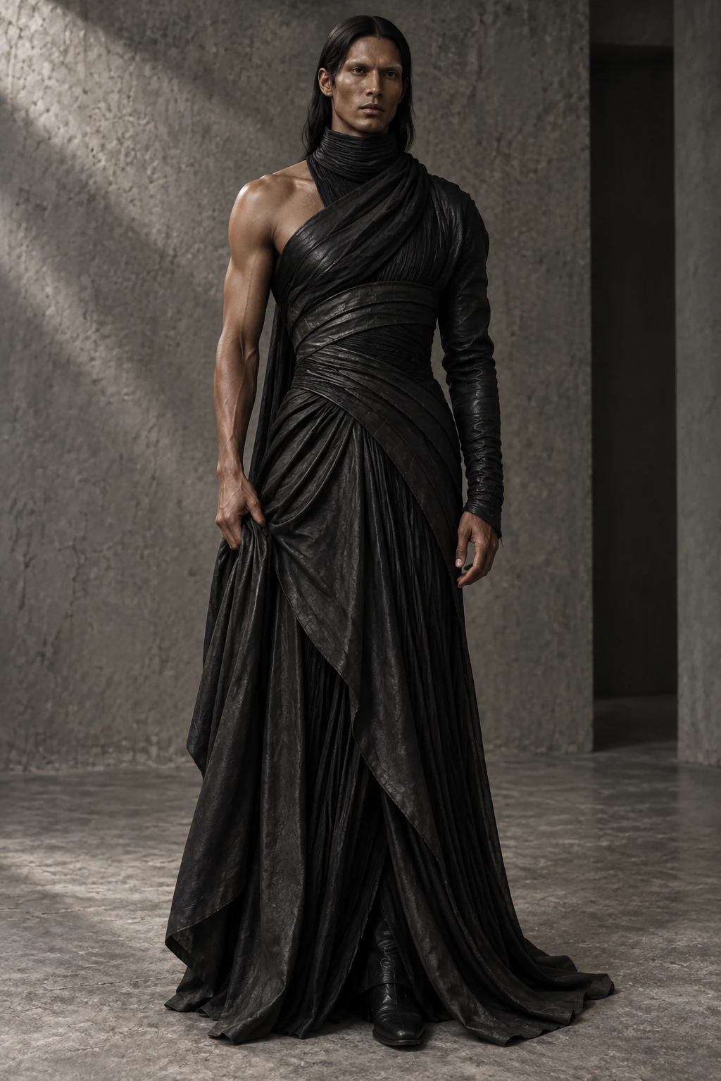 AZ-14 DRESS #0014 [FLUX] — One-shoulder draped gown, full-length look