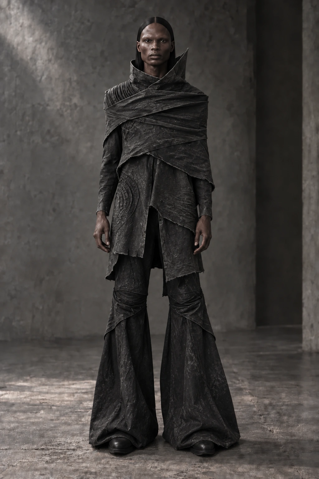 AZ-11 FORM #0011 [ORBITAL] — Wrapped tunic / articulated trousers, full-length look