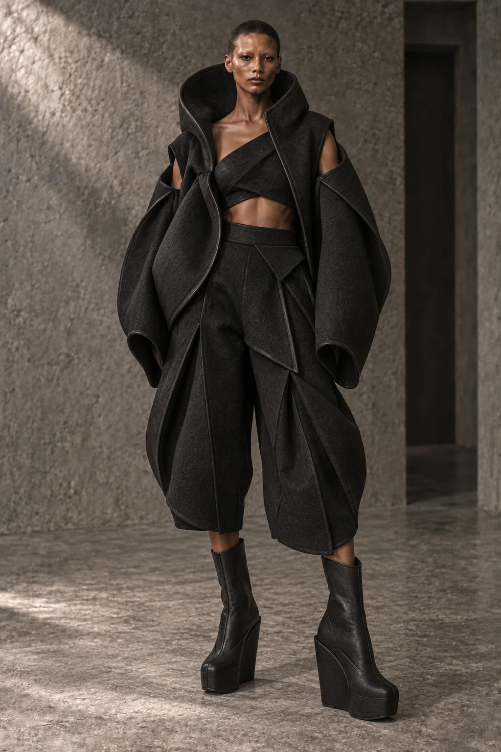 AZ-15 FORM #0015 [GRAVITON] — Cocoon jacket / sculptural culottes, full-length look